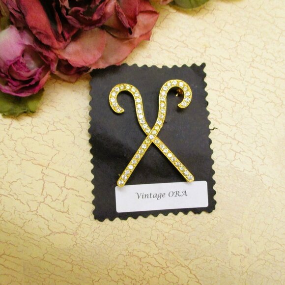 Vintage ORA Crystal Rhinestone Gold Egyptian Pharaoh Crook Scepter Brooch - Picture 6 of 15